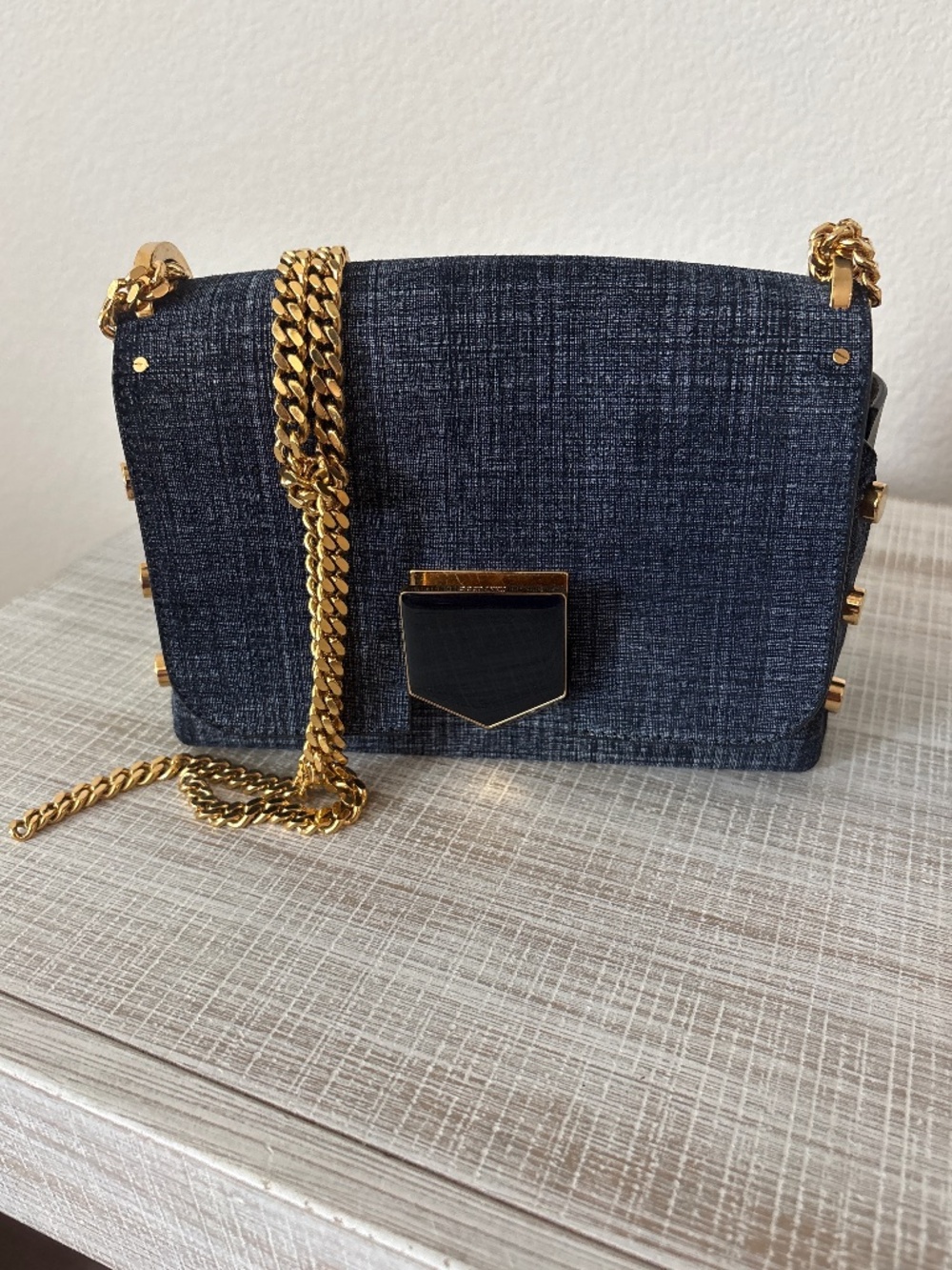 JIMMY CHOO Blue Denim Leather Lockett Shoulder Crossbody Gold Chain Bag